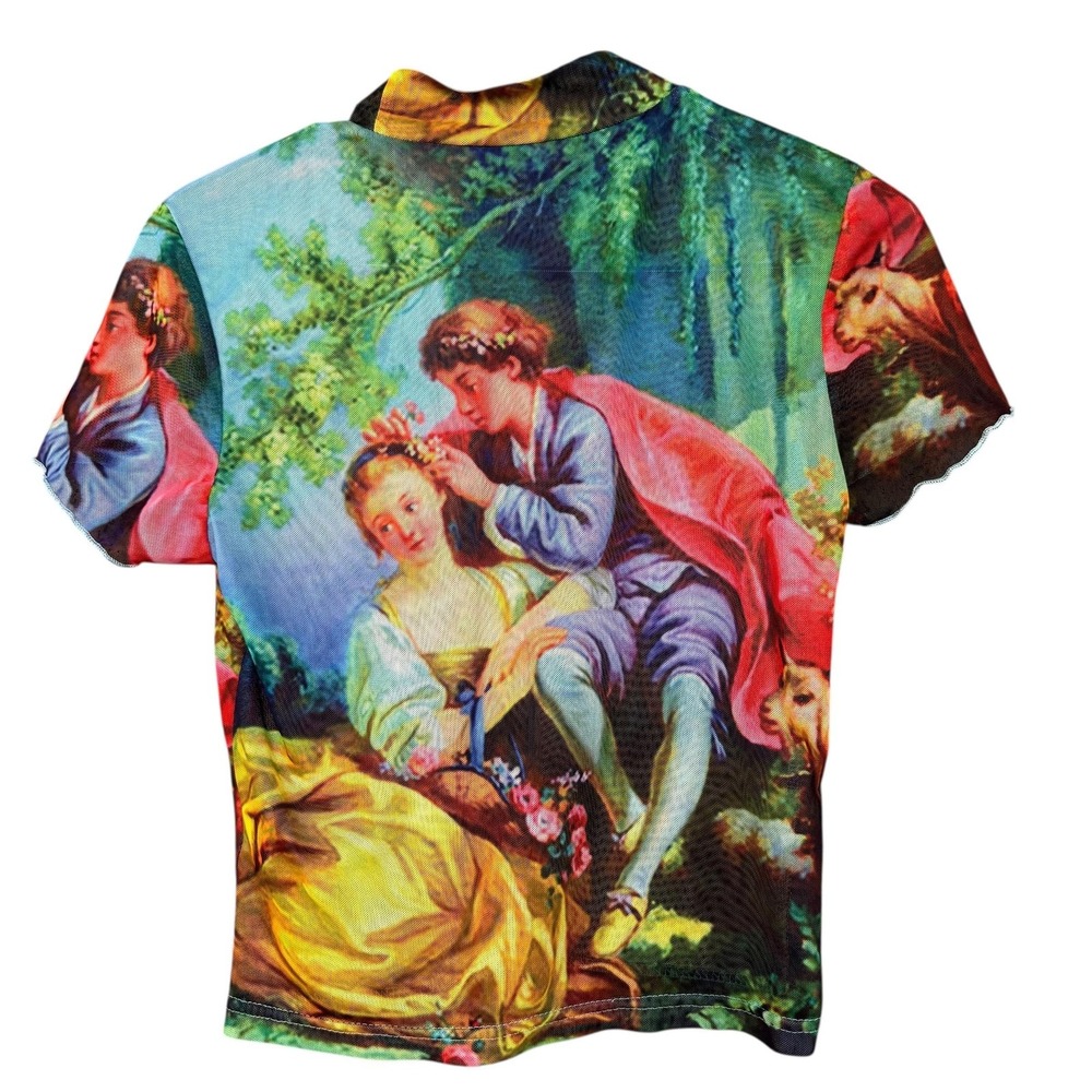 Shein Shirt Womens Large Multicolor Renaissance Art Mesh Mock Neck Cropped Sheer